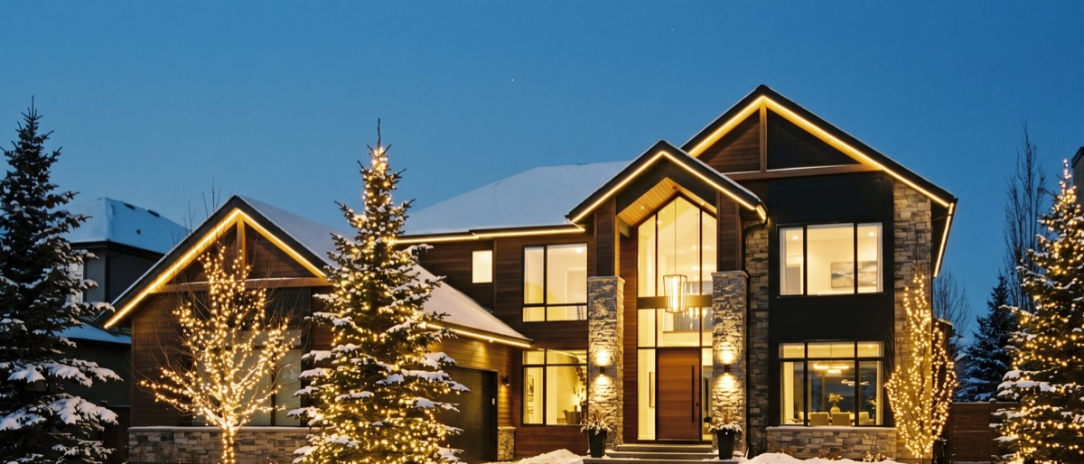 A modern two-storey luxury home in Aspen Woods, west Calgary, with a dramatic facade lit in warm-white roofline and peak lights against a snowy winter night.