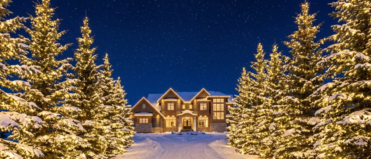 A Bearspaw acreage estate near Calgary with a long driveway and towering evergreen trees wrapped in warm-white lights glowing on a snowy night.