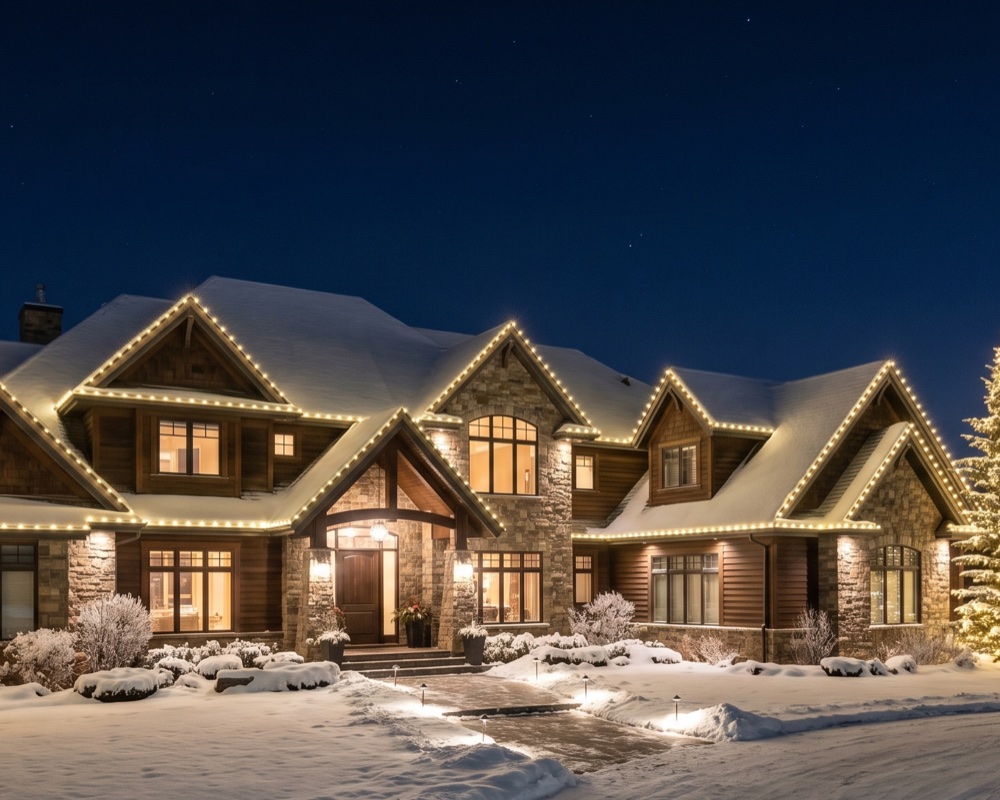 A large Calgary estate home in Mount Royal lit with elegant warm-white roofline lights against a snowy evening.