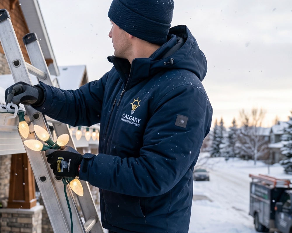 A FestiveLights installer fastening warm-white C9 lights along the roofline of a Calgary home in winter.